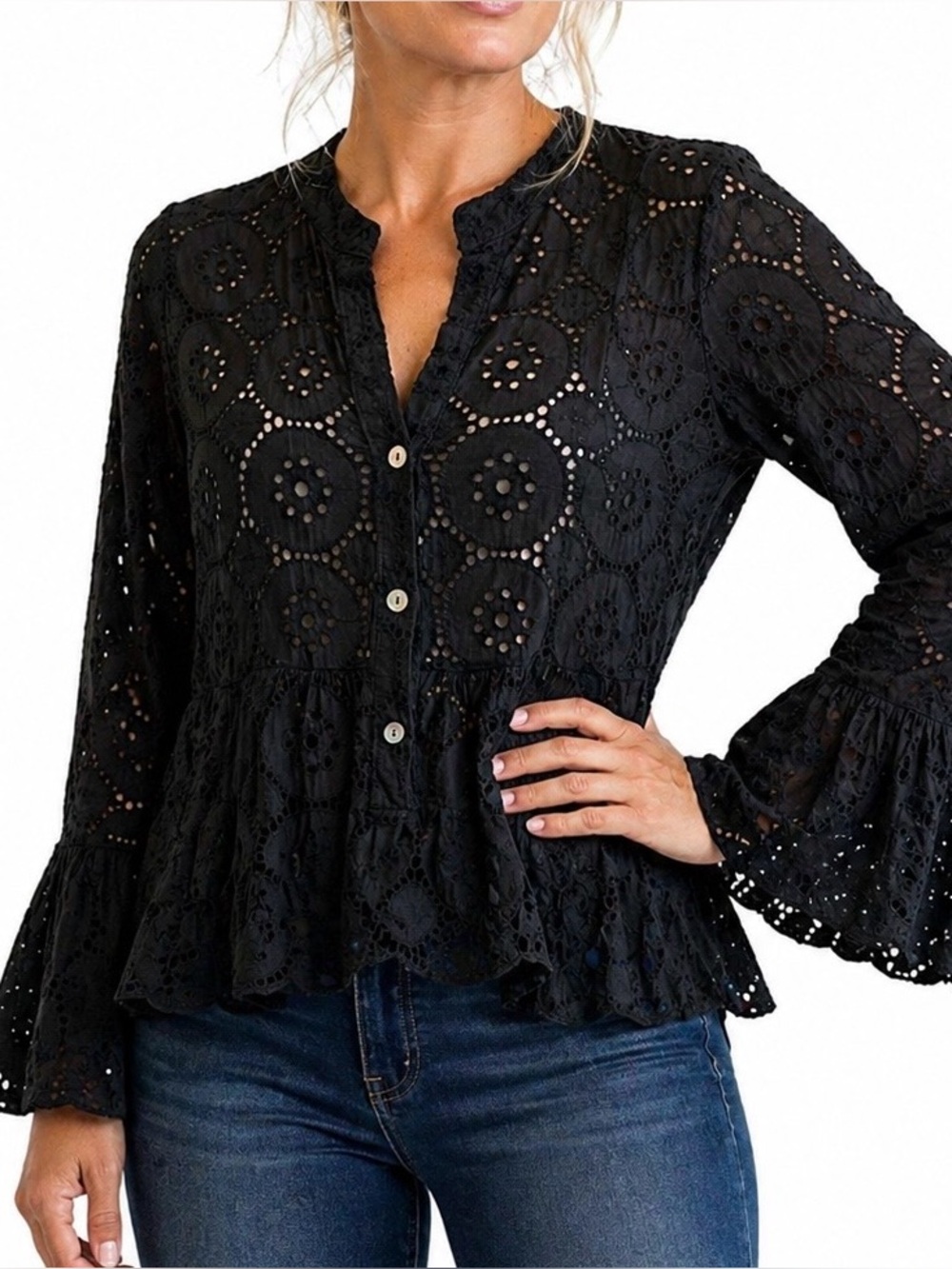 Bella Amore Eyelet Top Broderie Anglaise Peplum Tier Bell Sleeve Italian Made XL
